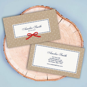 Stylish White Polka Dot and Red Ribbon Kraft Business Card