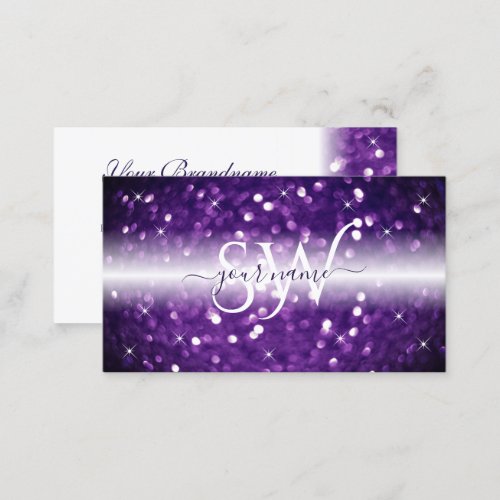Stylish White Purple Sparkling Glitter Initials Business Card