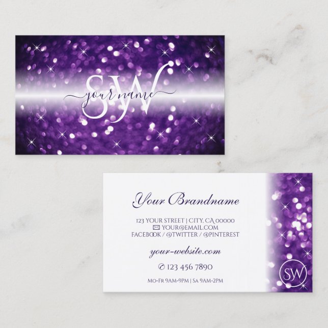Stylish White Purple Sparkling Glitter Initials Business Card (Front/Back)