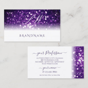 Stylish White Purple Sparkling Glitter Monogram Business Card