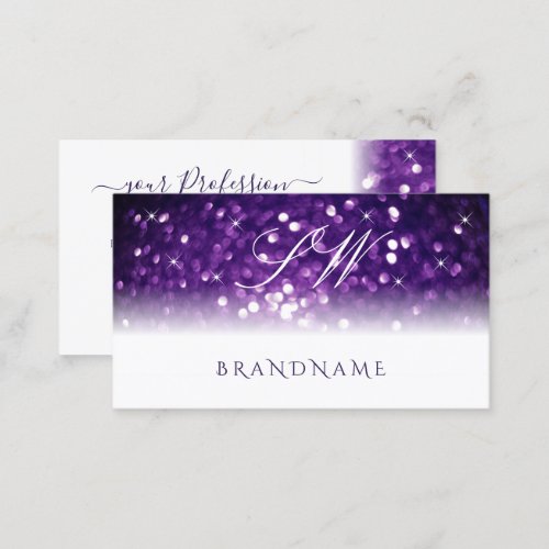 Stylish White Purple Sparkling Glitter Monogram Business Card