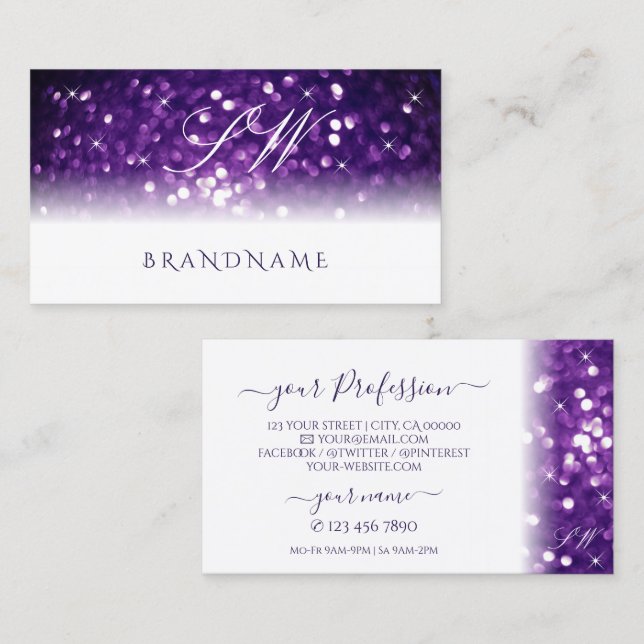 Stylish White Purple Sparkling Glitter Monogram Business Card (Front/Back)