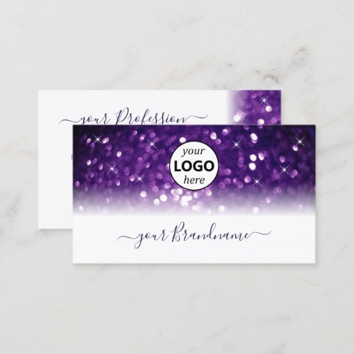 Stylish White Purple Sparkling Glitter with Logo Business Card