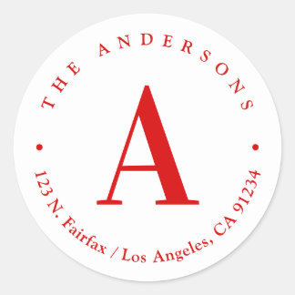 Stylish White & Red Monogram Return Address Classic Round Sticker