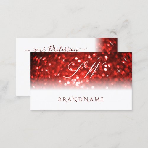 Stylish White Red Sparkle Glitter Initials Modern Business Card