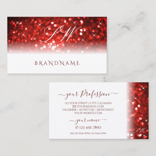 Stylish White Red Sparkle Glitter Initials Modern Business Card (Front/Back)