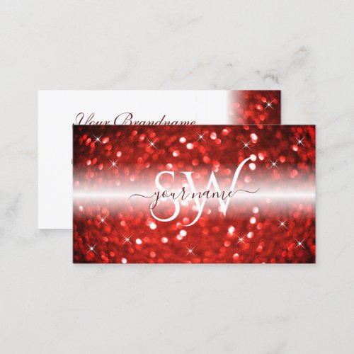 Stylish White Red Sparkle Glitter Monogram Modern Business Card