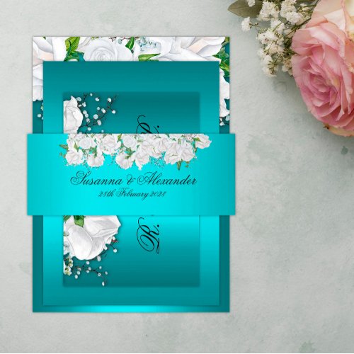 Stylish White Rose Bouquet on Aqua Wedding Invitation Belly Band