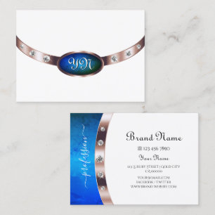 Stylish White Rose Gold Blue Marble with Monogram Business Card