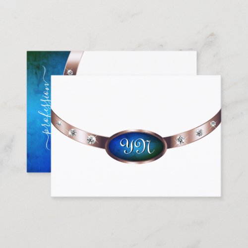 Stylish White Rose Gold Blue Marble with Monogram Business Card