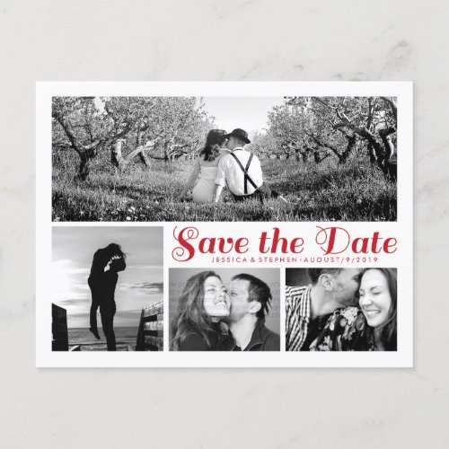 Stylish White Save The Date Collage Postcard Red