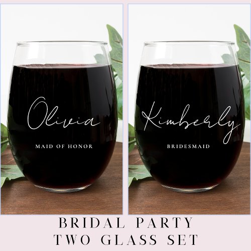 Stylish White Script Monogram Bridal Wedding Stemless Wine Glass