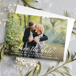 Stylish White Script Photo Save The Date Card