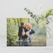 Stylish White Script Photo Save The Date Card (Standing Front)