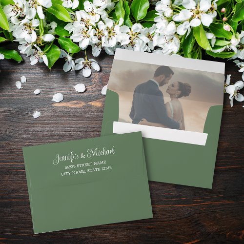 stylish white script wedding photo sage green envelope