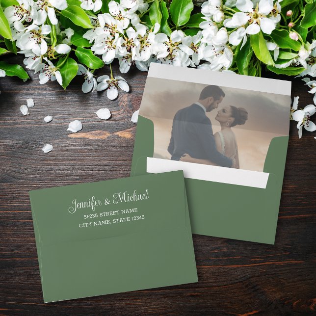 stylish white script wedding photo sage green envelope (Creator Uploaded)