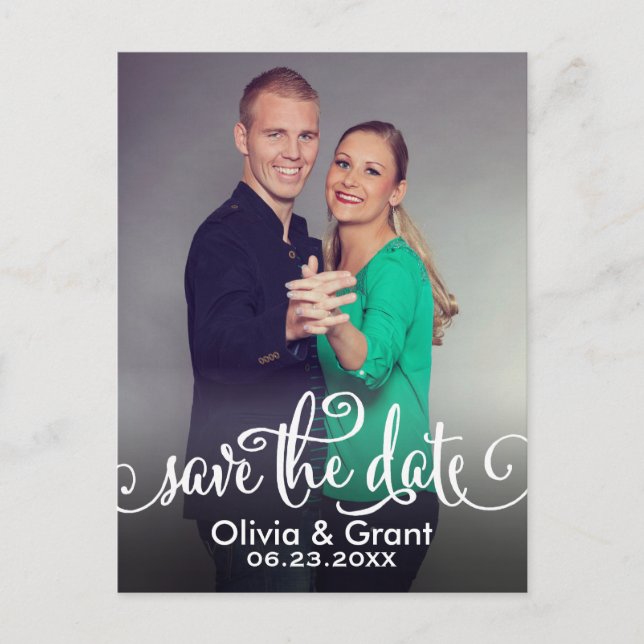 Stylish White Script Wedding Photo Save the Date Announcement Postcard (Front)