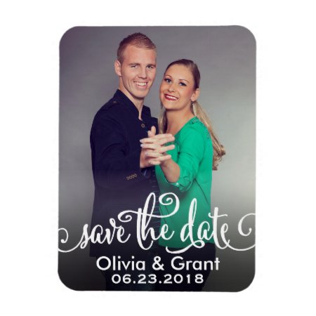 Stylish White Script Wedding Photo Save The Date Magnet