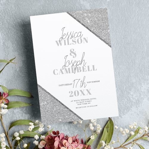 Stylish white silver glitter typography wedding invitation