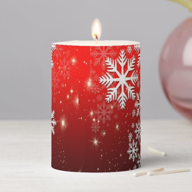 Stylish White Snowflake Pattern on Red Lamp Shade Pillar Candle (In Situ)