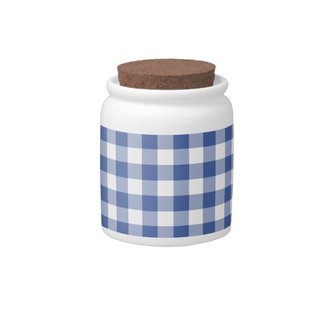 Stylish White Storage Jar, Dark Blue Check Gingham Candy Jar (Front)
