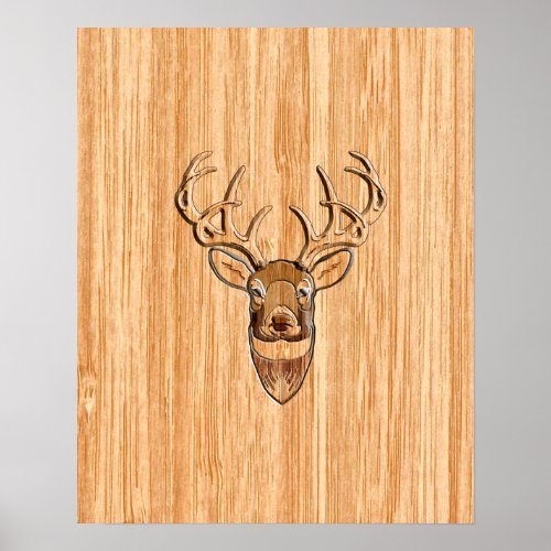 Stylish White Tail Buck Antlers Light Wood Grain Poster