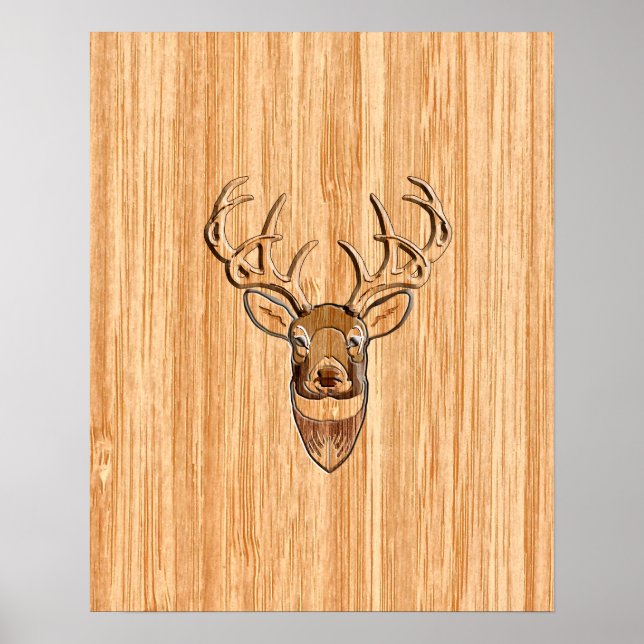 Stylish White Tail Buck Antlers Light Wood Grain Poster (Front)