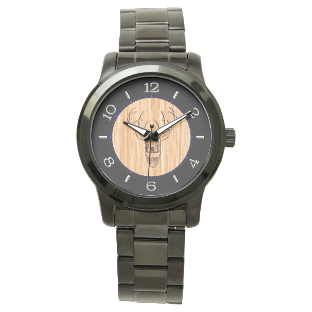 Stylish White Tail Buck Antlers Light Wood Grain Watch (Front)