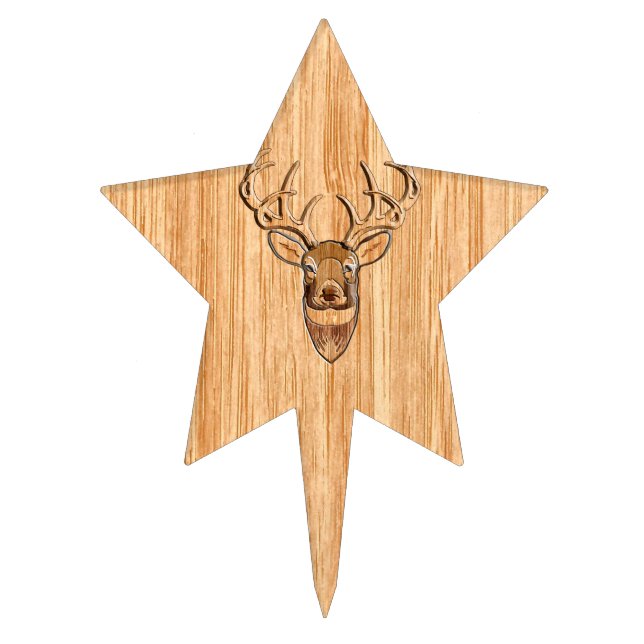 Stylish White Tail Deer Buck Head Light Wood Grain Cake Topper (Front)