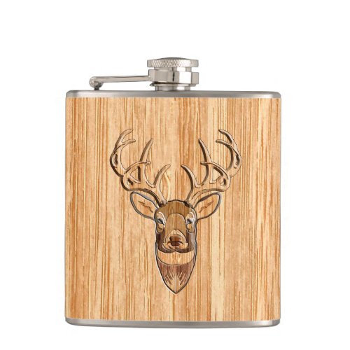 Stylish White Tail Deer Buck Head Light Wood Grain Flask