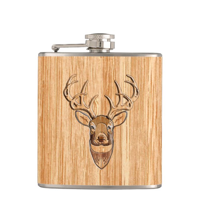 Stylish White Tail Deer Buck Head Light Wood Grain Flask (Front)