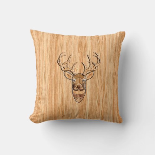 Stylish White Tail Deer Buck Head Light Wood Grain Throw Pillow