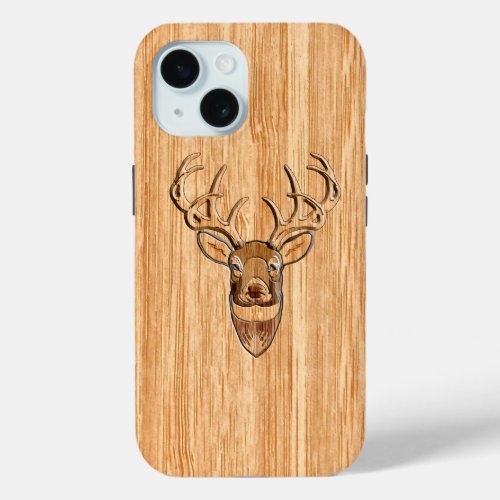Stylish White Tail Deer Head Light Wood Grain iPhone 15 Case