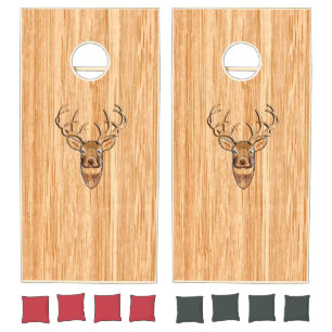 Stylish White Tail Deer Head Light Wood Grain Cornhole Set