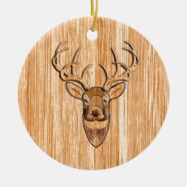Stylish White Tail Deer Head Light Wood Grain Deco Ceramic Ornament (Front)