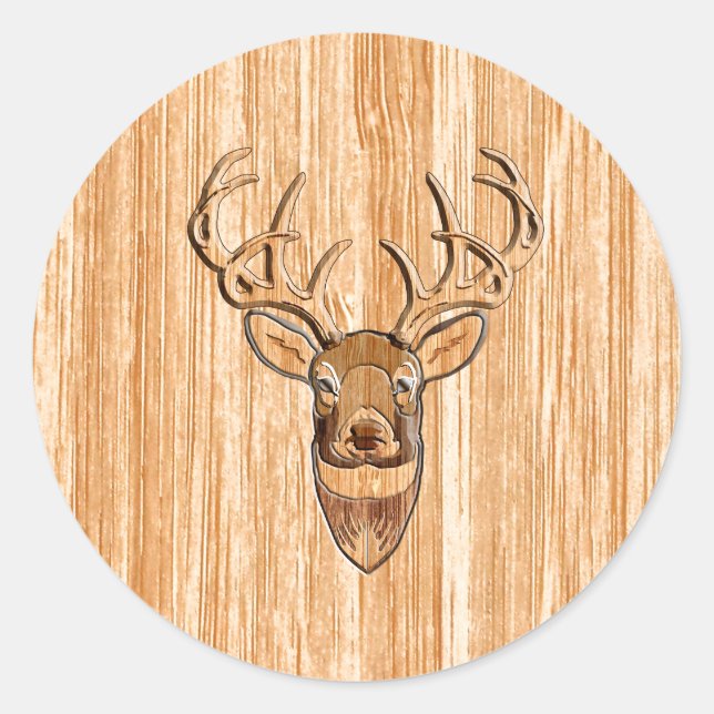 Stylish White Tail Deer Head Light Wood Grain Deco Classic Round Sticker (Front)