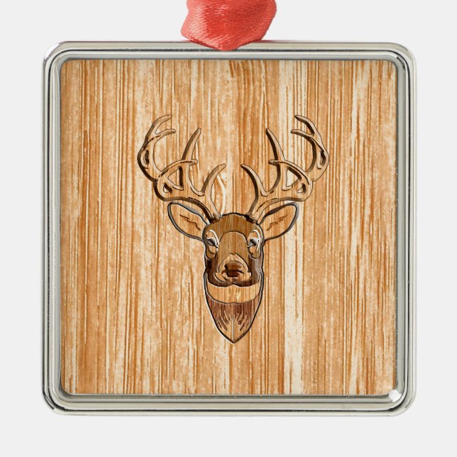 Stylish White Tail Deer Head Light Wood Grain Deco Metal Ornament (Front)