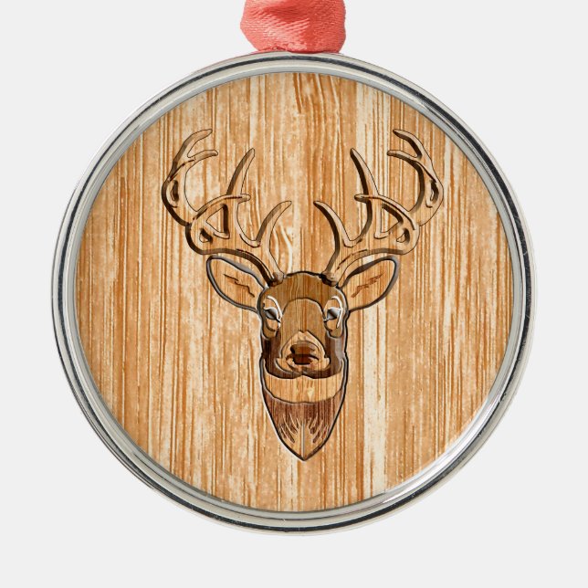 Stylish White Tail Deer Head Light Wood Grain Deco Metal Ornament (Front)