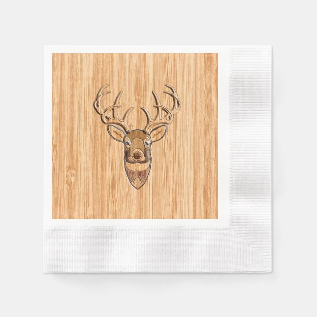 Stylish White Tail Deer Head Light Wood Grain Deco Paper Napkins (Front)