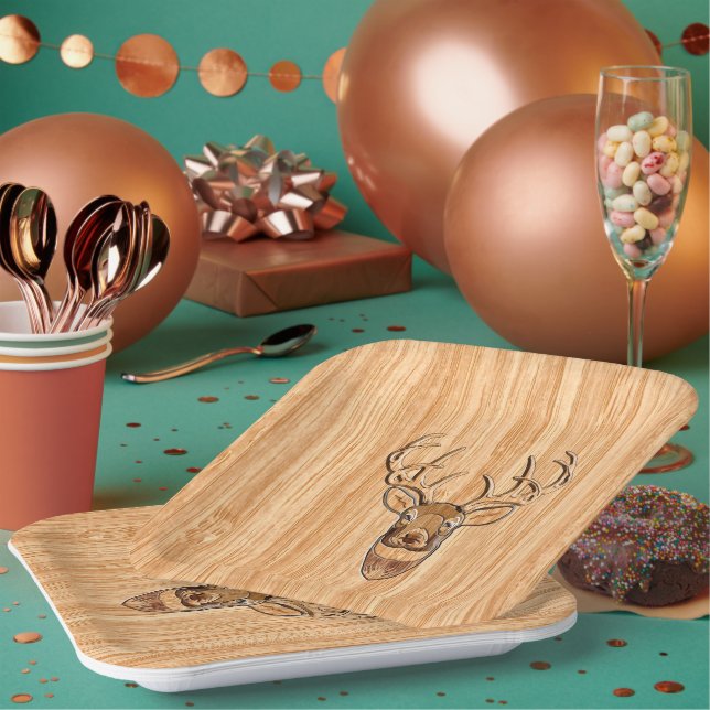Stylish White Tail Deer Head Light Wood Grain Deco Paper Plates (Multi)
