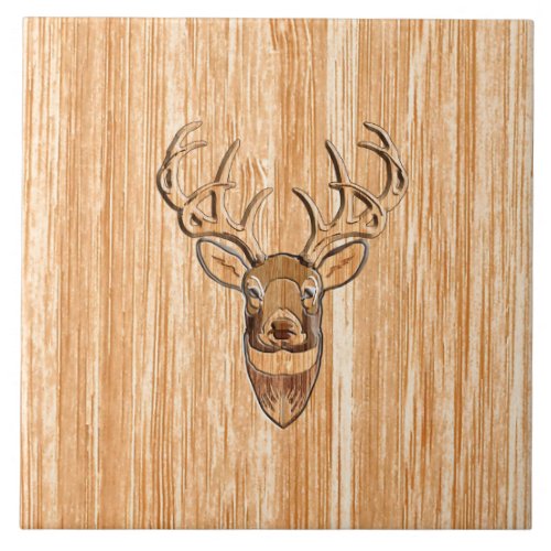 Stylish White Tail Deer Head Light Wood Grain Deco Tile