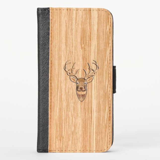 Stylish White Tail Deer Head Light Wood Grain iPhone Wallet Case (Front)