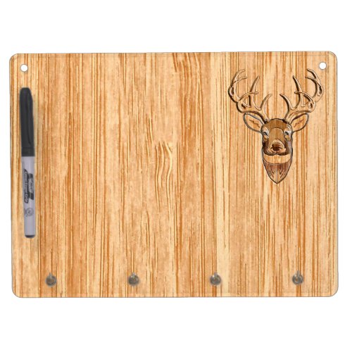 Stylish White Tail Deer Head Wood Grain Print Dry Erase Board With Keychain Holder