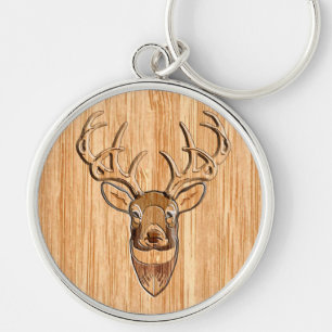 Stylish White Tail Deer Head Wood Grain Print Keychain