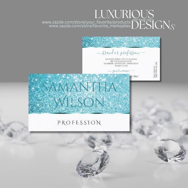 Stylish White Teal Glitter Luminous Stars Deluxe Business Card (Creator Uploaded)