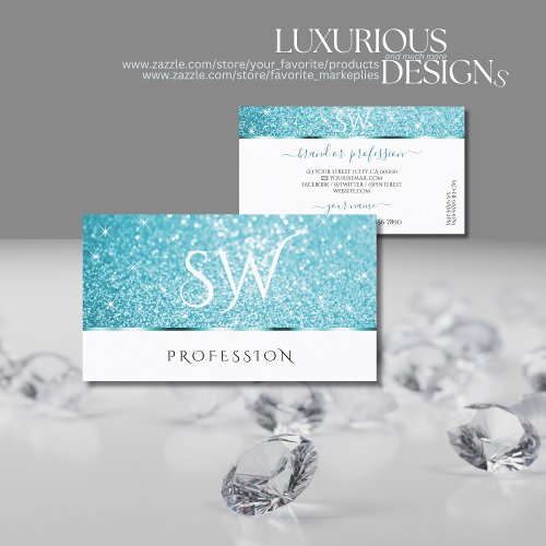 Stylish White Teal Glitter Luminous Stars Initials Business Card