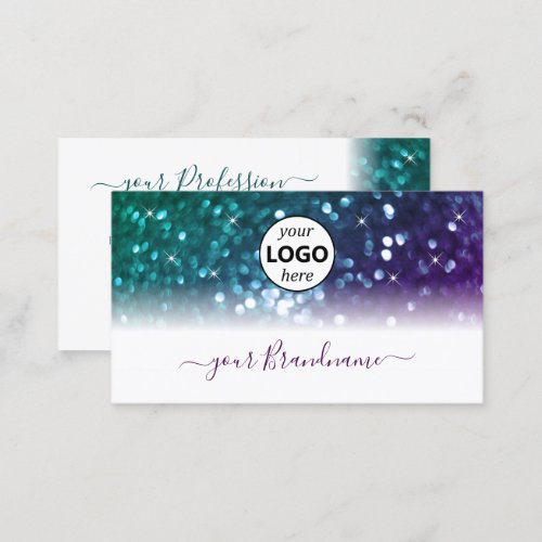 Stylish White Teal Purple Sparkle Glitter Add Logo Business Card