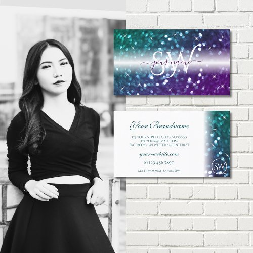 Stylish White Teal Purple Sparkle Glitter Initials Business Card
