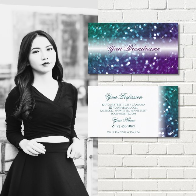 Stylish White Teal Purple Sparkle Glitter Modern Business Card (Creator Uploaded)