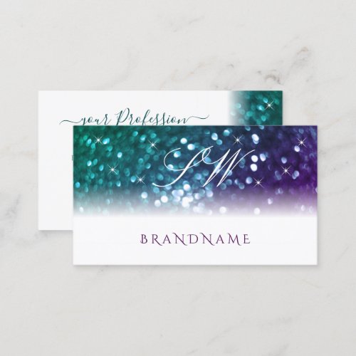 Stylish White Teal Purple Sparkle Glitter Monogram Business Card